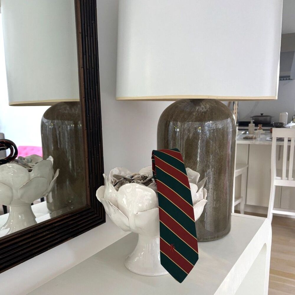 VTG Bronzini Striped Repp Tie Forest Green Rust Gold Unicorn Emblem 58"